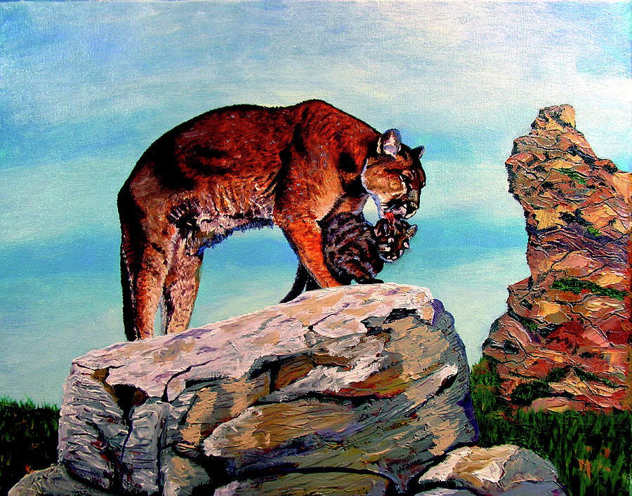 Cougars Mother and Cub Painting by Stan Hamilton