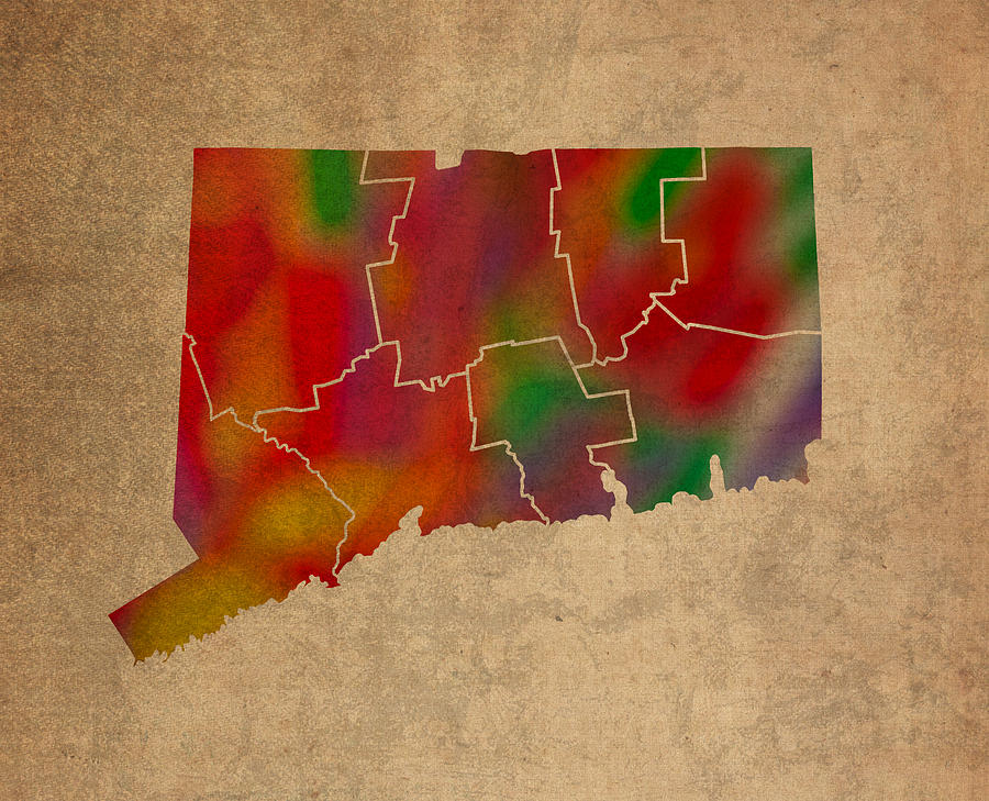 Hartford Mixed Media - Counties Of Connecticut Colorful Vibrant Watercolor State Map On Old Canvas by Design Turnpike