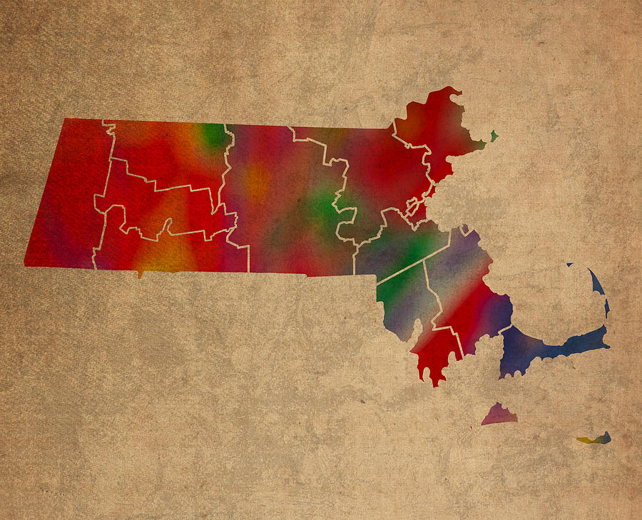 Boston Mixed Media - Counties Of Massachusetts Colorful Vibrant Watercolor State Map On Old Canvas by Design Turnpike