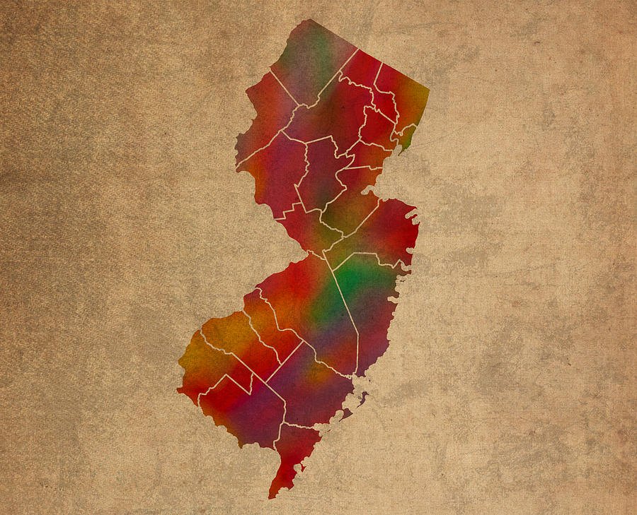 Map Mixed Media - Counties Of New Jersey Colorful Vibrant Watercolor State Map On Old Canvas by Design Turnpike