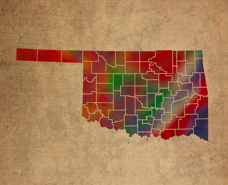 Counties Of Oklahoma Colorful Vibrant Watercolor State Map On Old ...