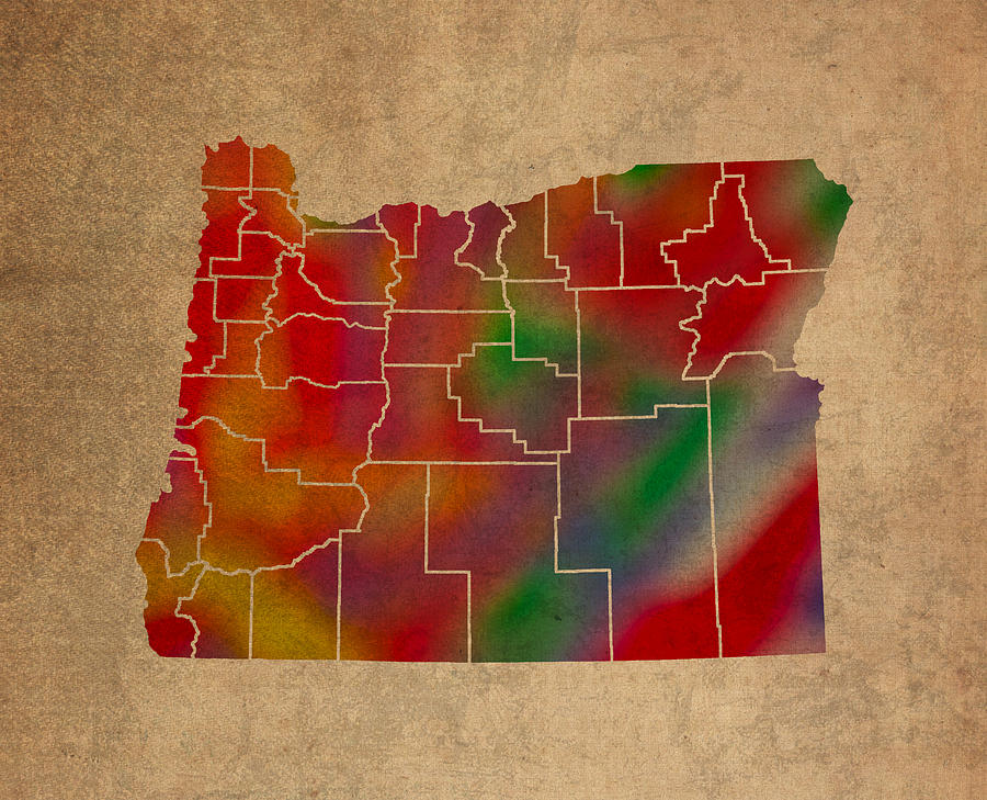 Portland Mixed Media - Counties Of Oregon Colorful Vibrant Watercolor State Map On Old Canvas by Design Turnpike