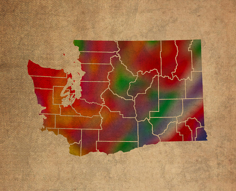 Seattle Mixed Media - Counties Of Washington Colorful Vibrant Watercolor State Map On Old Canvas by Design Turnpike
