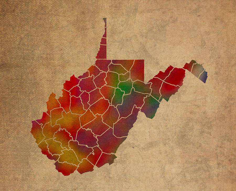 Map Mixed Media - Counties Of West Virginia Colorful Vibrant Watercolor State Map On Old Canvas by Design Turnpike