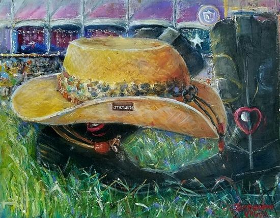 Country Boots and Stetson Hat Painting by Bernadette Krupa