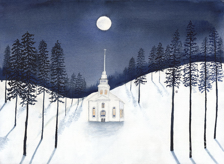 Country Church in Moonlight 2, Silent Night Painting by Conni Schaftenaar