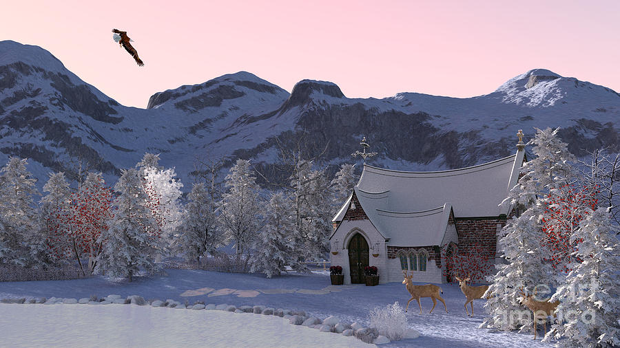 Winter Digital Art - Country Church by Two Hivelys
