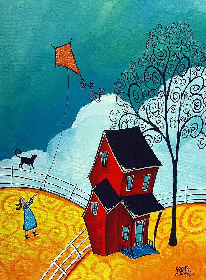 Country Girl - whimsical landscape cat Painting by Debbie Criswell