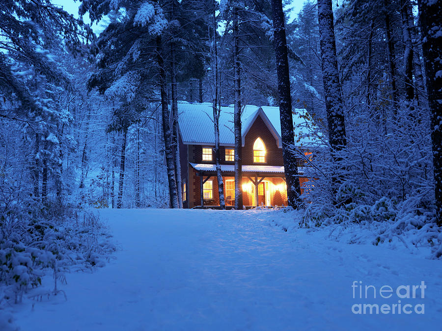 Country house with lights on snowy winter evening Ontario Canada Photograph by Maxim Images Exquisite Prints