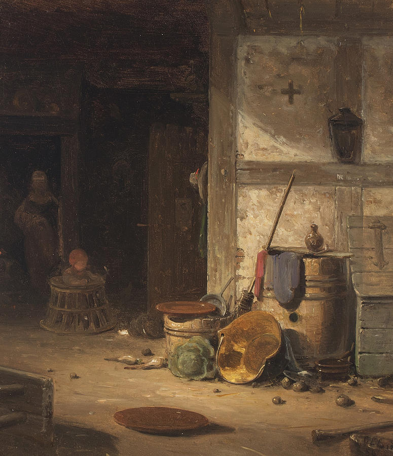 Country kitchen with a small child in walking chair Painting by Georg Emil Libert