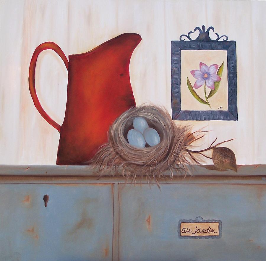 Country Red Pitcher and Robin Egg. SOLD Painting by Susan Dehlinger