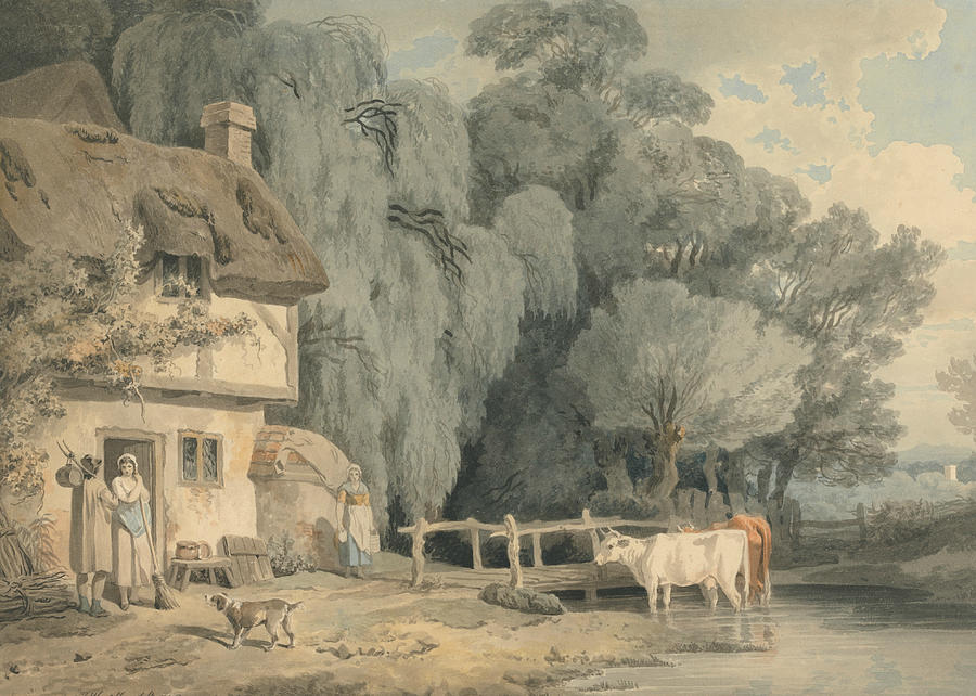 Country Scene - Figures by a Cottage Door and Cattle in a Stream Drawing by Francis Wheatley