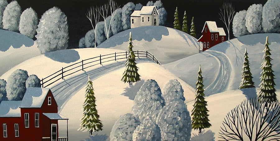 Country Winter Night - folk art landscape Painting by Debbie Criswell