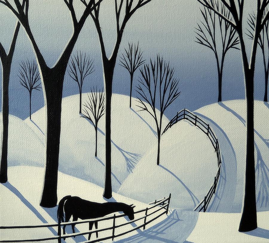 Country Winter Road - horse snow folk art Painting by Debbie Criswell