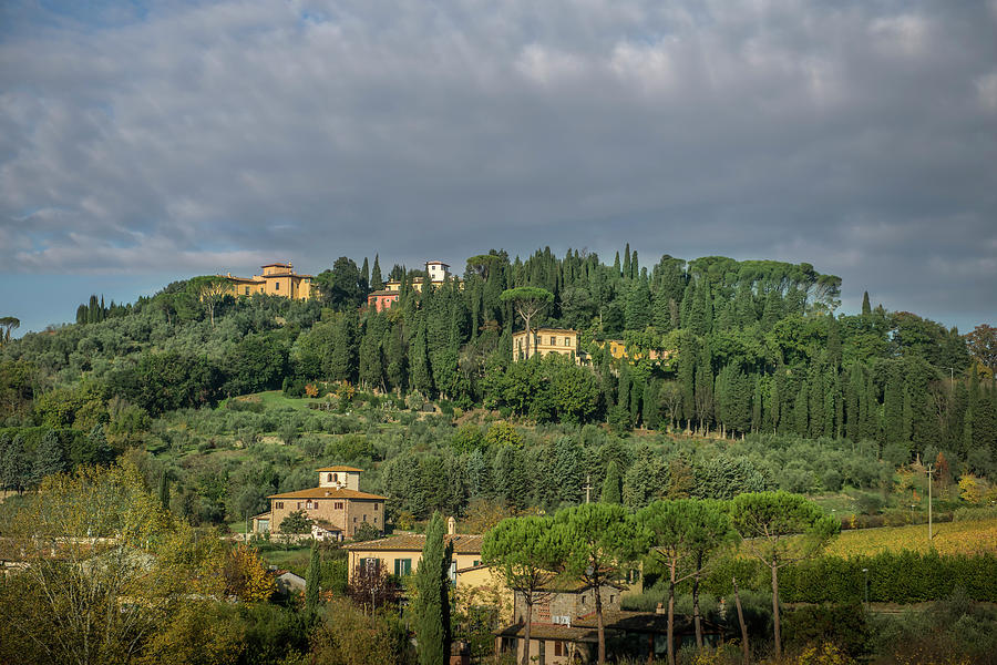 Countryside farms in Toskana, Italy at sunset with cypresses tre ...