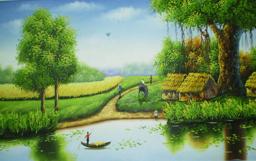 Nếu bạn đam mê tranh vẽ cảnh đẹp, thì hôm nay chúng ta hãy cùng nhau ngắm nhìn tranh phong cảnh về làng quê Việt Nam. Những con đường nhỏ, những cây cối vươn mình, những bãi cỏ rộng lớn, tất cả đều được thể hiện rất chân thực và sinh động, khiến cho chúng ta như được đưa đến với nơi đây.