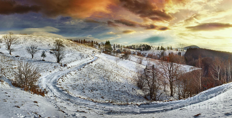Countryside road at sunset, winter Photograph by Ragnar Lothbrok