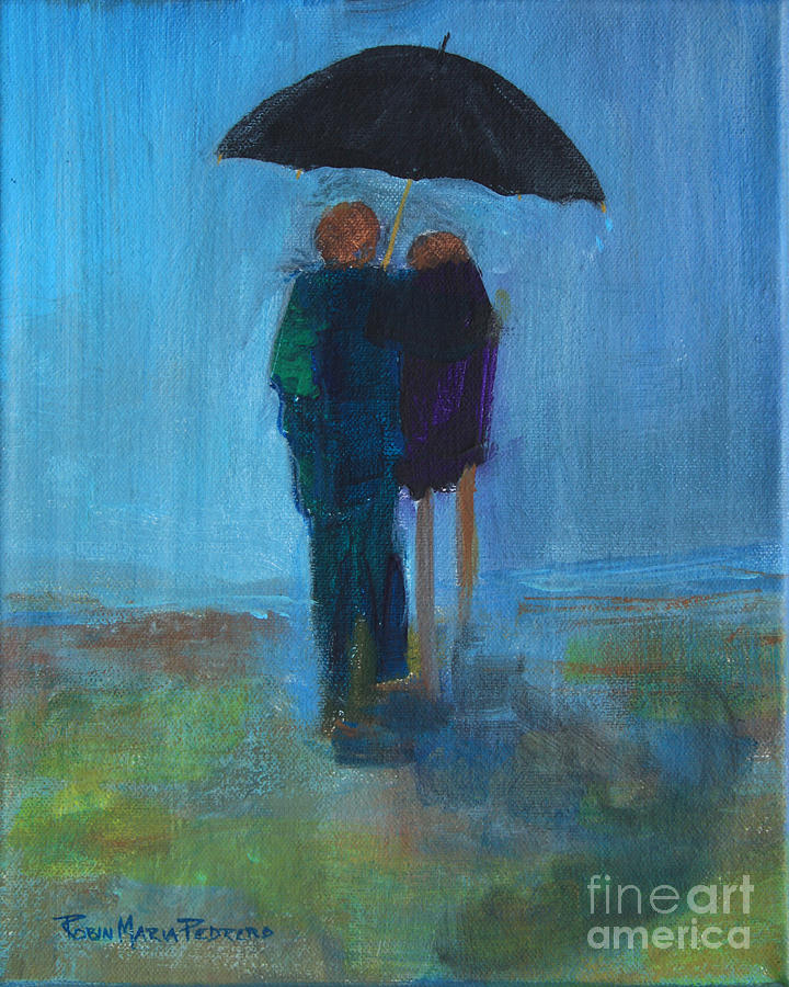 Couple at Beach Under Umbrella in Rain Painting by Robin Pedrero