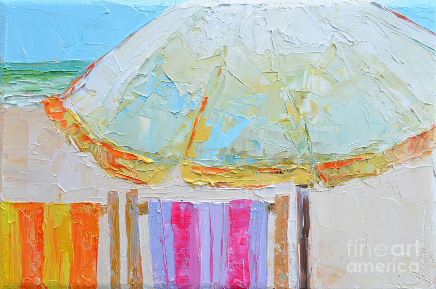 Beach Chairs under White Umbrella - Modern Impressionist Knife Palette Oil Painting Painting by Patricia Awapara