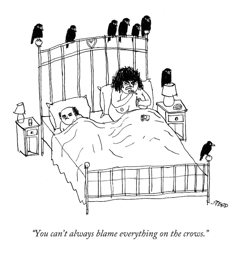 Couple in bed, surrounded by crows. Drawing by Edward Steed