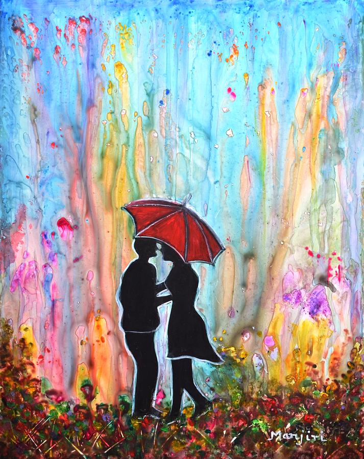 Couple on a Rainy Date romantic painting for valentine Painting by Manjiri Kanvinde
