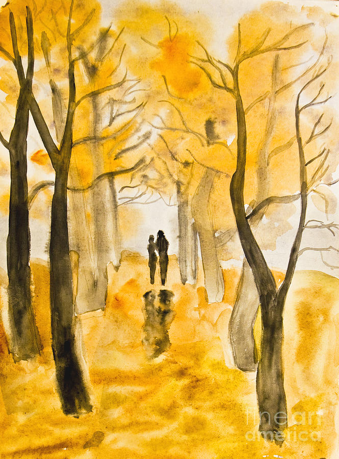 Couple on autumn alley, painting Painting by Irina Afonskaya