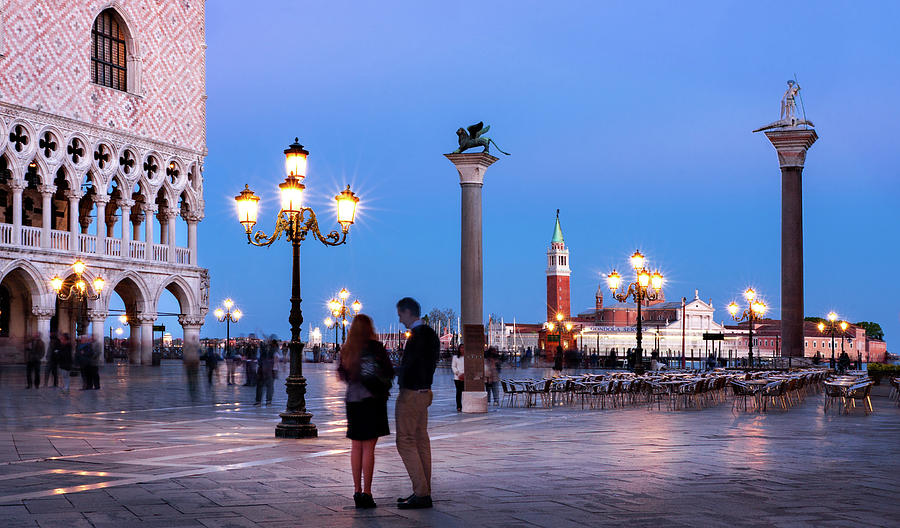 Architecture Photograph - Couple on the Piazzetta San Marco at Night - Venice by Barry O Carroll