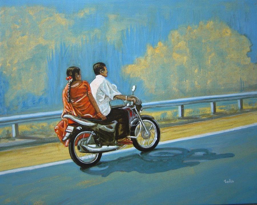 Couple Ride on bike Painting by Usha Shantharam
