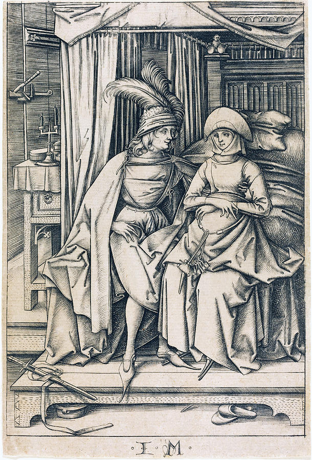 Couple Seated on a Bed Drawing by Israhel van Meckenem