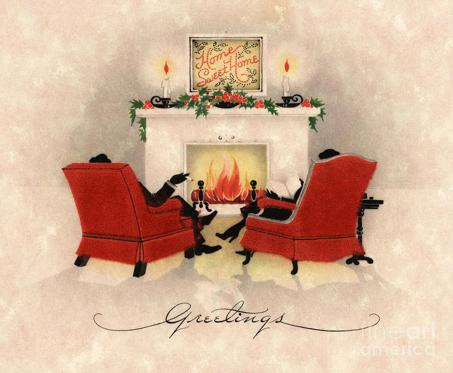 Vintage Painting - Couple Sitting Before Roaring Fireplace on Christmas Eve by American School