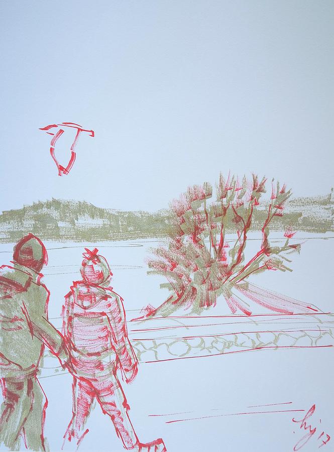 Couple walking along seafront at Exmouth beach Drawing by Mike Jory