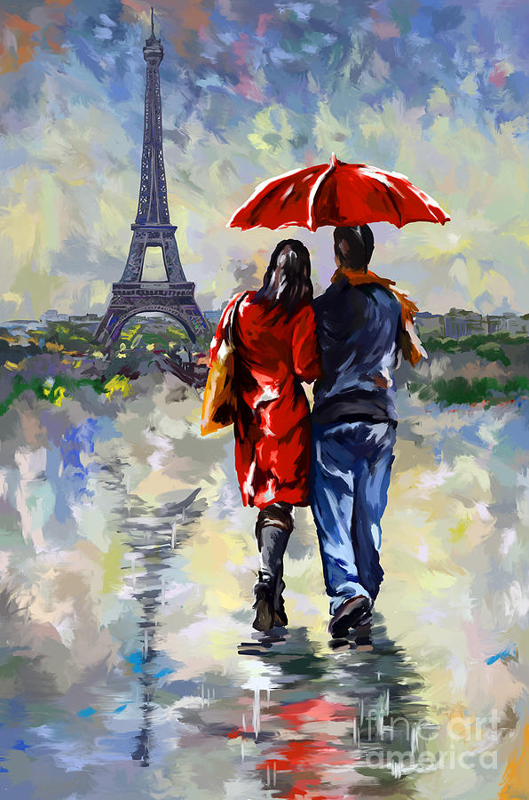 couple walking in the rain Paris Painting by Tim Gilliland