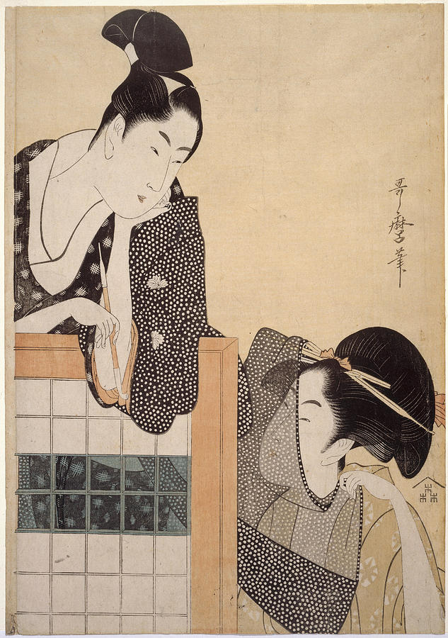 Kitagawa Utamaro Drawing - Couple with a Standing Screen by Kitagawa Utamaro