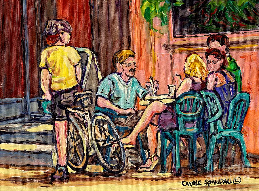 Couples Lunch At Lakeshore Paris Style Sidewalk Terrace Bistro Painting Quebec Art Carole Spandau Painting by Carole Spandau