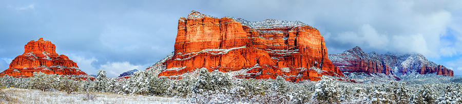 Courthouse Butte and Bell Rock under snow Photograph by Alexey Stiop