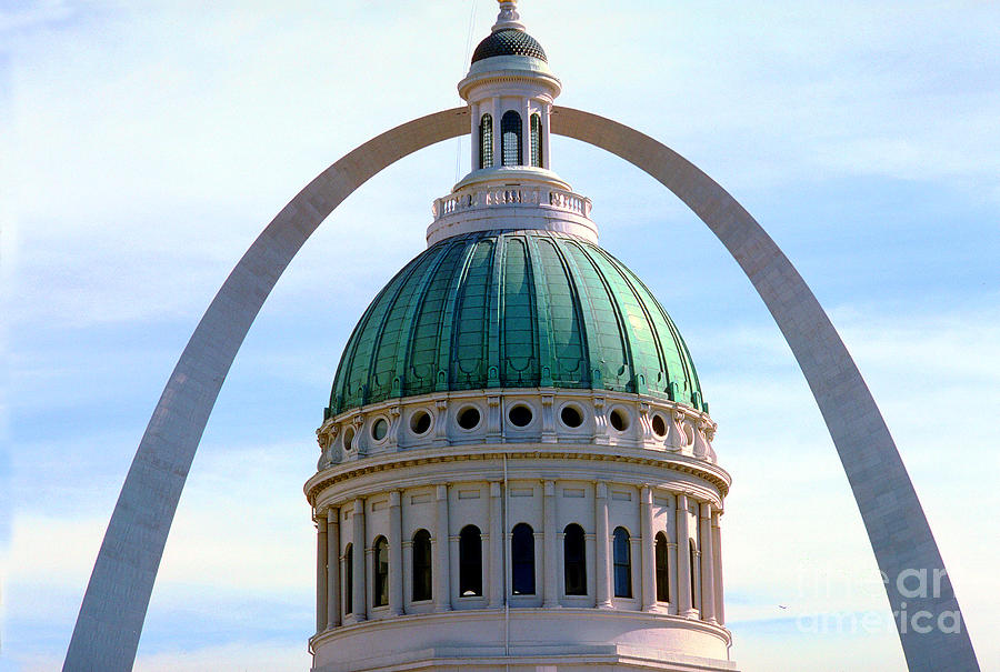 Courthouse Dome framed by the Gateway Arch in St. Louis Missouri Photograph by Wernher Krutein