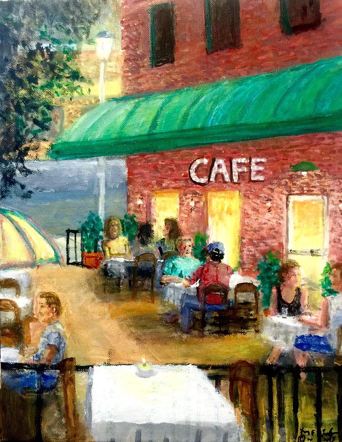 Outdoor Cafe Painting - Courtyard Cafe Impression folk art by Larry Lamb