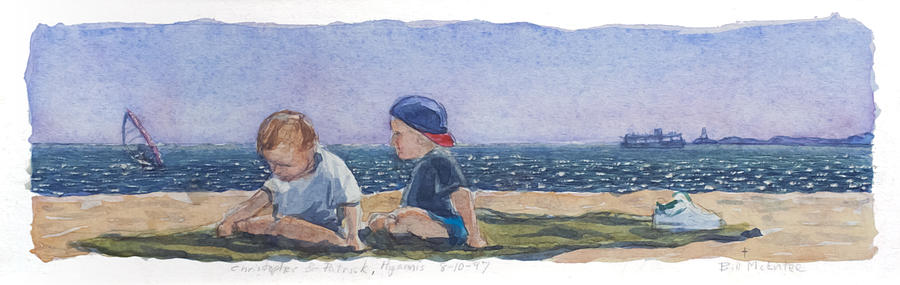 Cousins on the beach in Hyannis Painting by Bill McEntee