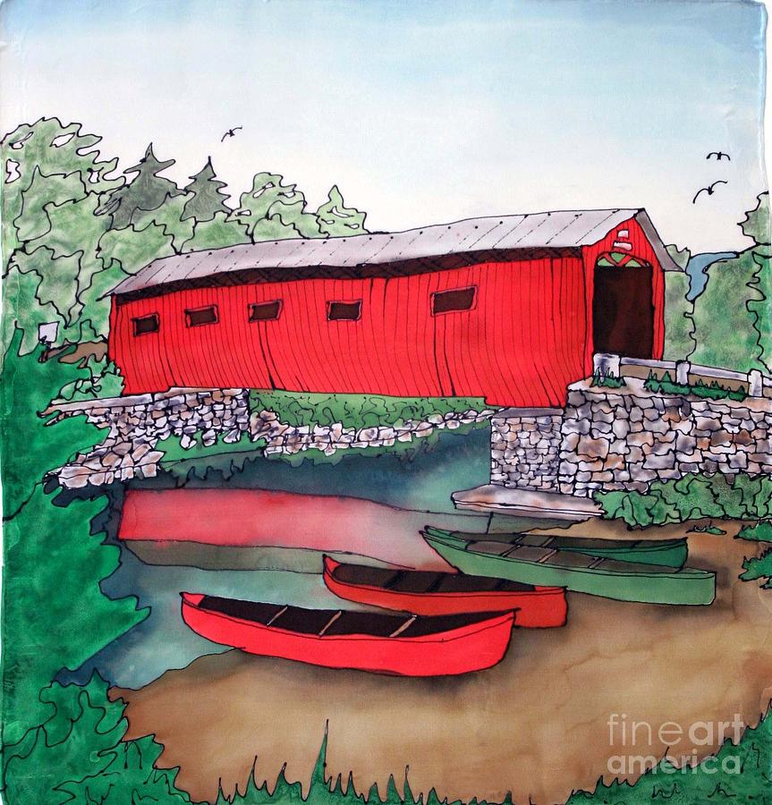 Covered Bridge Painting - Covered Bridge and Canoes by Linda Marcille Covered Bridge Painting - Covered Bridge and Canoes by Linda Marcille