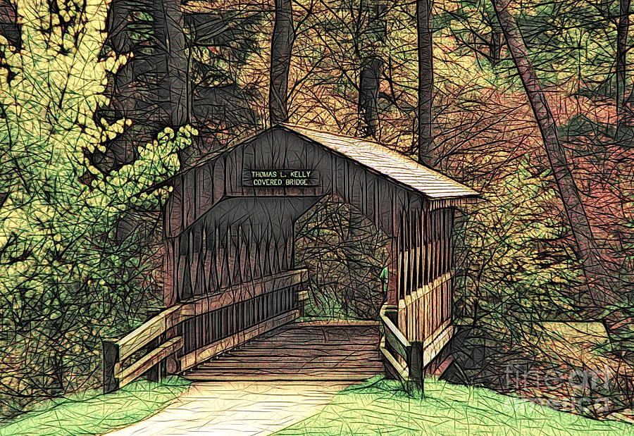 Covered Bridge at Allegany State Park Colored Ink Effect Photograph by Rose Santuci-Sofranko