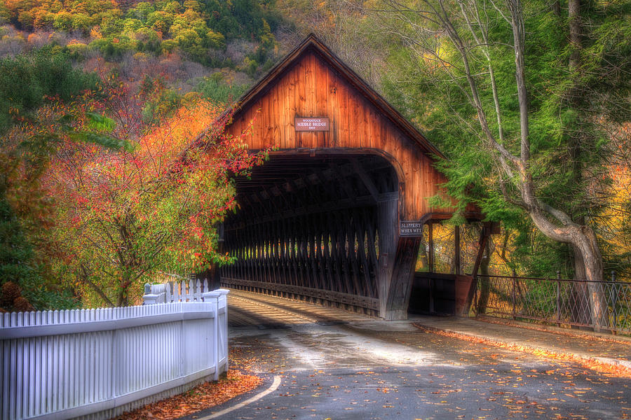 Covered Bridge in Autumn - Woodstock Vermont Photograph by Joann Vitali