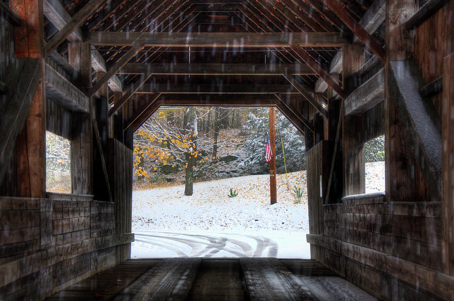 Covered Bridge in Snow - Warren VT Photograph by Joann Vitali