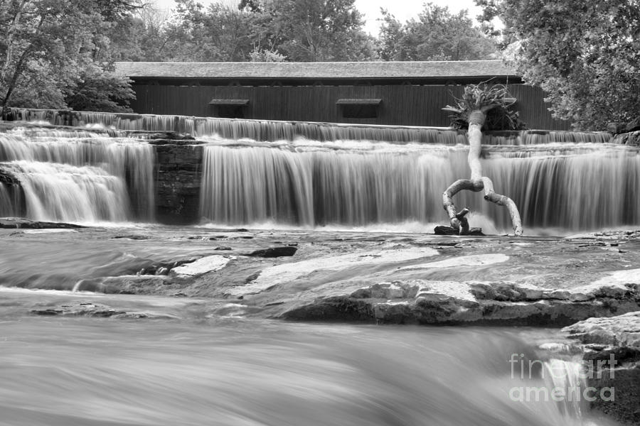 Covered Bridge Over Cataract Falls Black And White Photograph by Adam Jewell