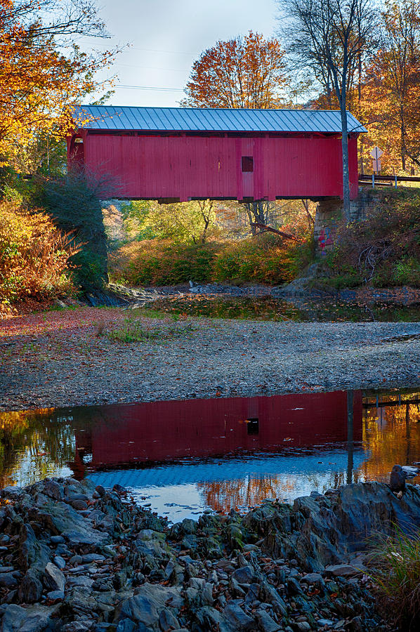Covered bridge reflection in Vermont Photograph by Jeff Folger