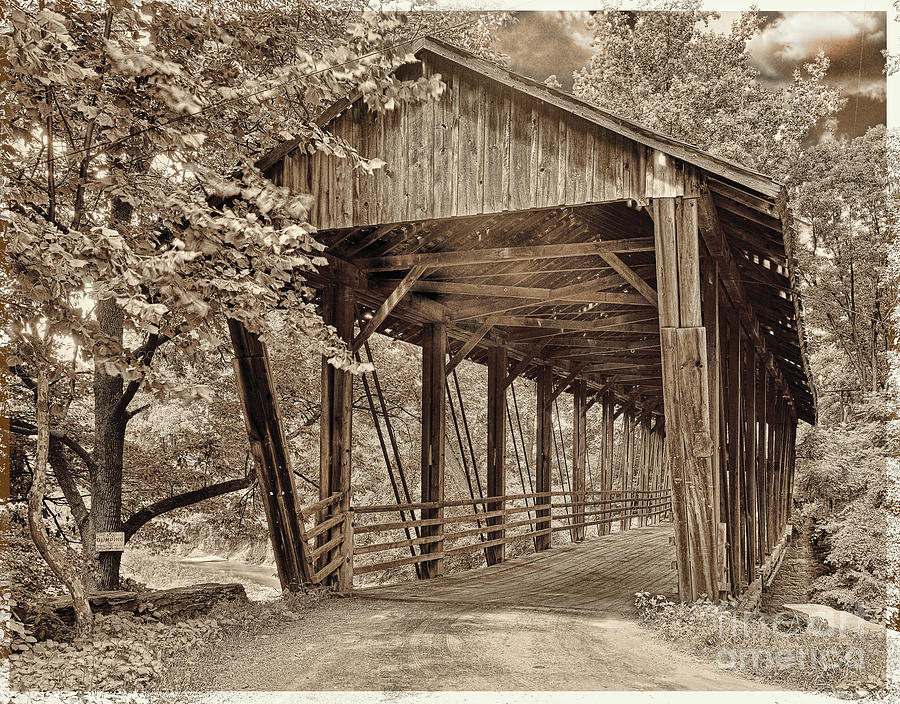 Covered Bridge  Sepia Tone Painting by Mindy Sommers
