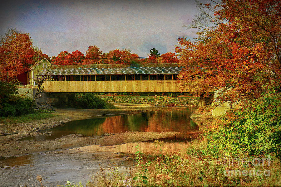 Covered Bridge Vermont Autumn Mixed Media by Deborah Benoit