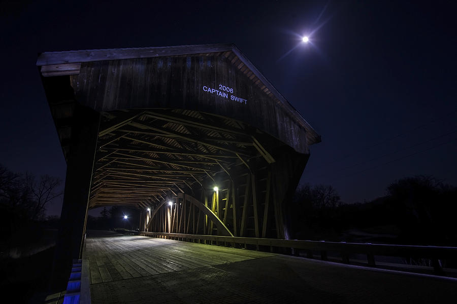 Covered Bridge with full moon Photograph by Sven Brogren