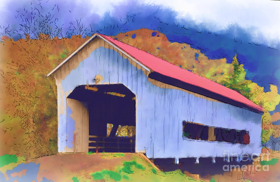 Covered Bridge With Red Roof Digital Art by Kirt Tisdale