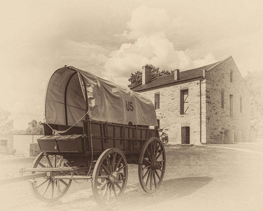Covered Wagon and Stone Building Sepia Photograph by James Barber Covered Wagon and Stone Building Sepia Photograph by James Barber