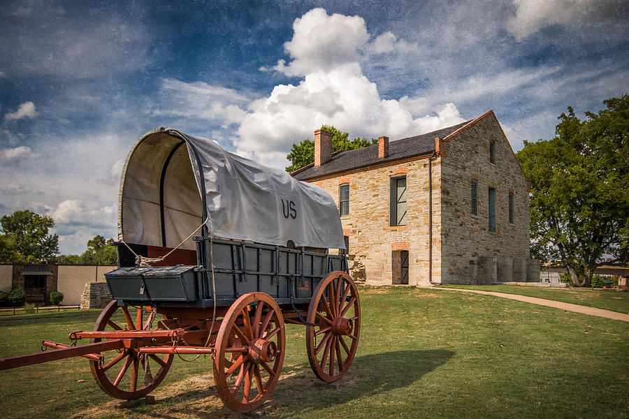 Covered Wagon and Stone Building with texture Photograph by James Barber